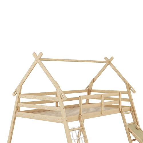 Merax Twin over Queen House Bunk Bed Solid Wood Frame with Climbing Nets and Climbing Ramp for Boys Girls and Teens,Natural