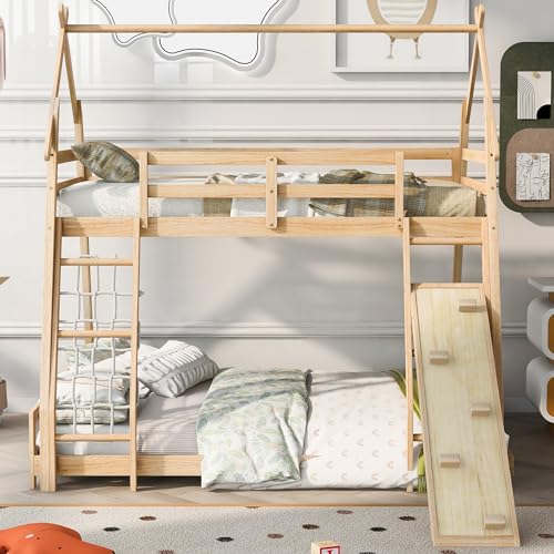 Merax Twin over Queen House Bunk Bed Solid Wood Frame with Climbing Nets and Climbing Ramp for Boys Girls and Teens,Natural