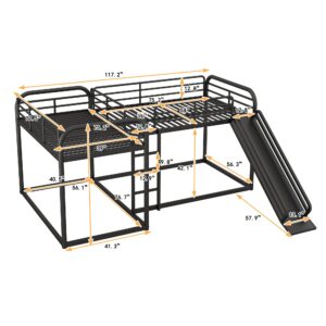 quad bunk bed with slide, l shaped bunk bed for 4, heavy-duty metal floor bunk bed frame full and twin size for kids teens girls boys (black)