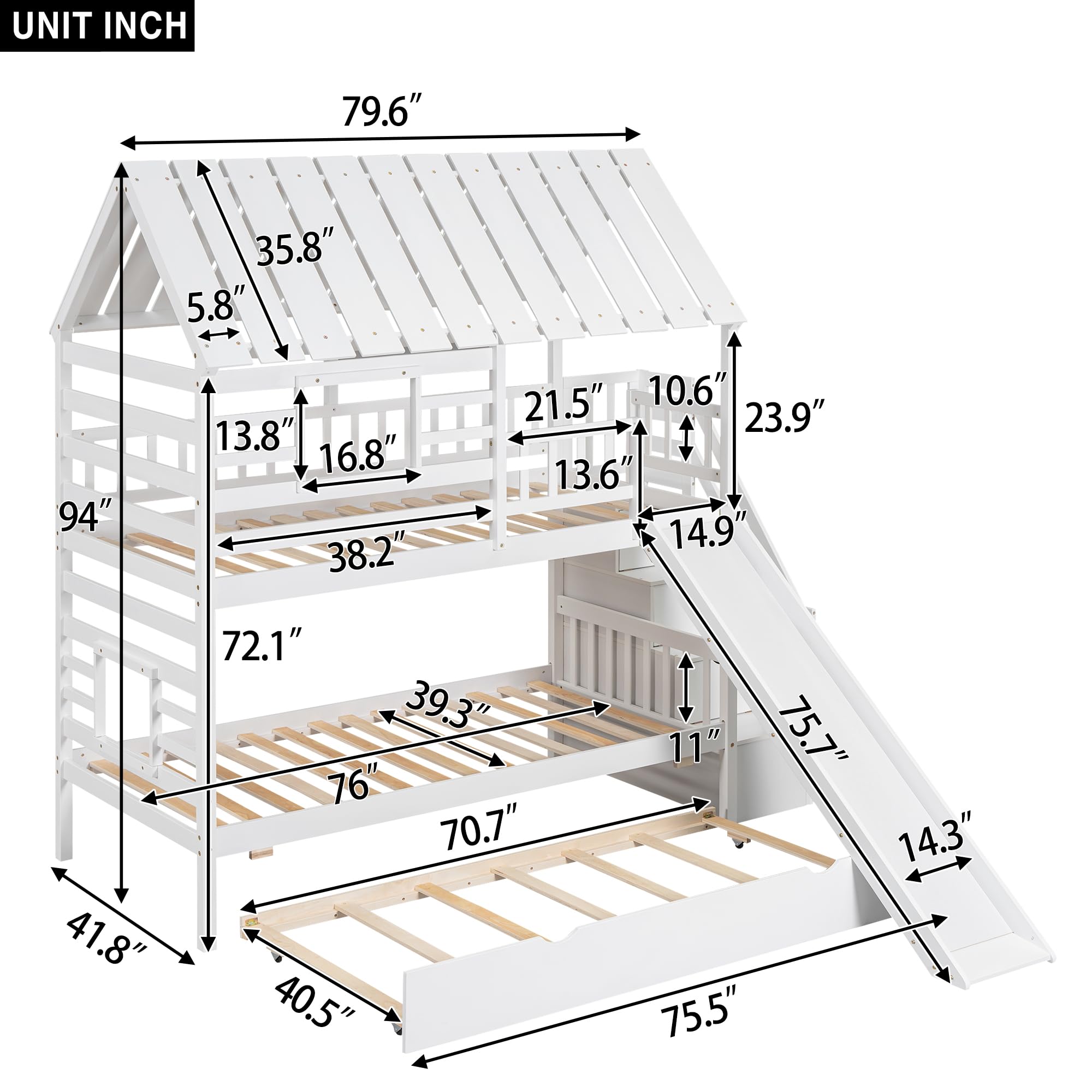 MERITLINE House Bunk Beds Twin Over Twin with Slide, Twin Bunk Bed with Storage Stairs and Trundle, Wood Kids Bunk Bed with Roof and Window Design for Girls, Boys,White