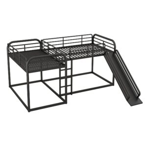 Quad Bunk Bed with Slide, L Shaped Bunk Bed for 4, Heavy-Duty Metal Floor Bunk Bed Frame Full and Twin Size for Kids Teens Girls Boys (Black)