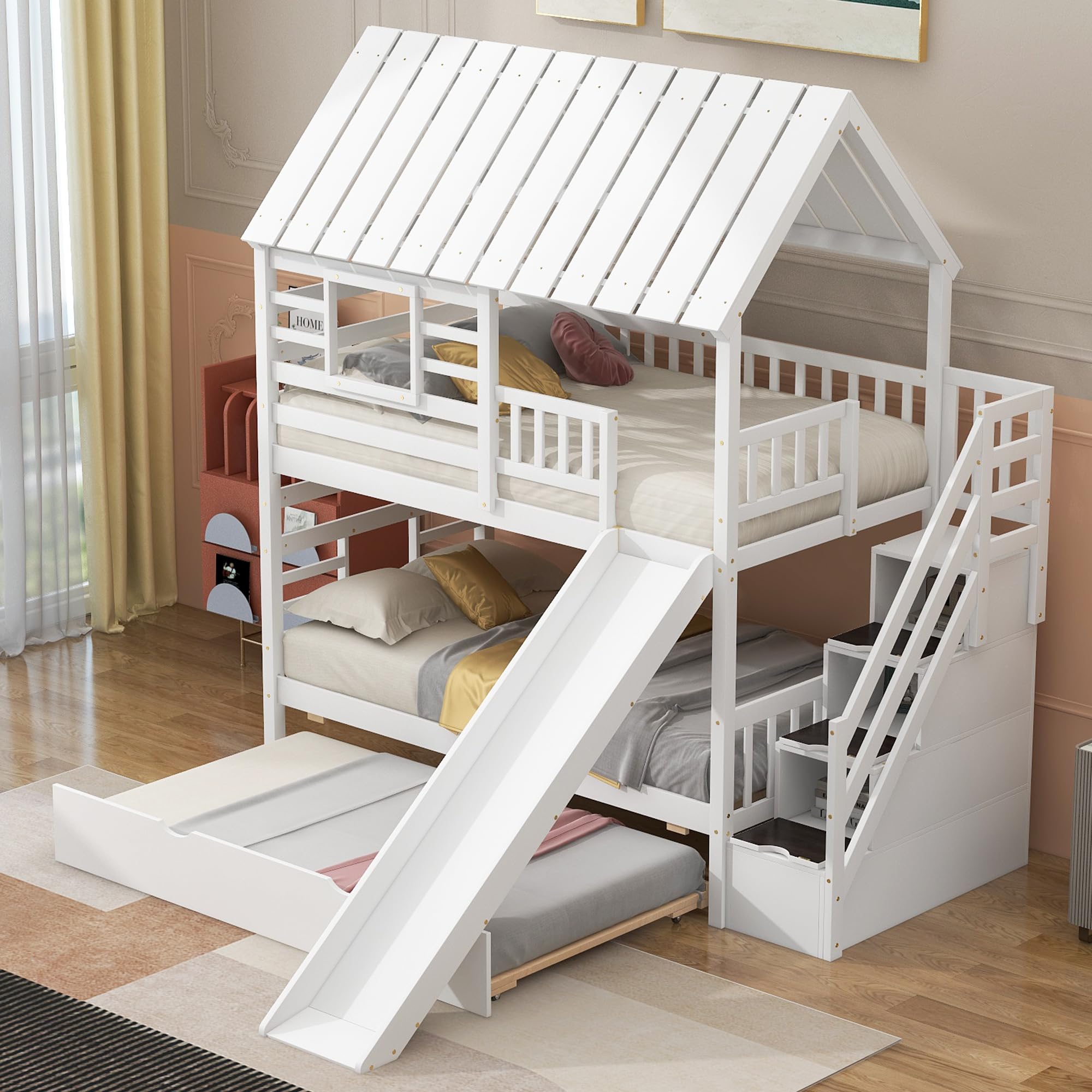 MERITLINE House Bunk Beds Twin Over Twin with Slide, Twin Bunk Bed with Storage Stairs and Trundle, Wood Kids Bunk Bed with Roof and Window Design for Girls, Boys,White