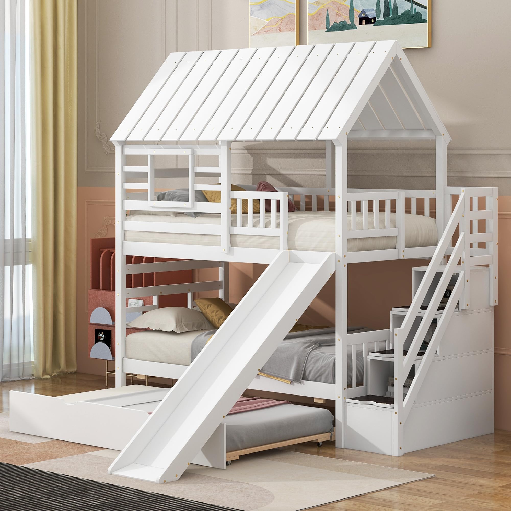 MERITLINE House Bunk Beds Twin Over Twin with Slide, Twin Bunk Bed with Storage Stairs and Trundle, Wood Kids Bunk Bed with Roof and Window Design for Girls, Boys,White