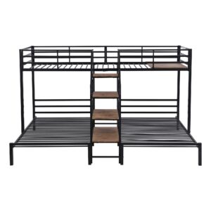 SOFTSEA L-Shaped Triple Bunk Bed for 3 Kids Twin Over Two Twin Metal Bunk Bed Frame with Storage Shelves Staircase, No Box Spring Needed