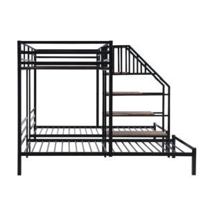 SOFTSEA L-Shaped Triple Bunk Bed for 3 Kids Twin Over Two Twin Metal Bunk Bed Frame with Storage Shelves Staircase, No Box Spring Needed