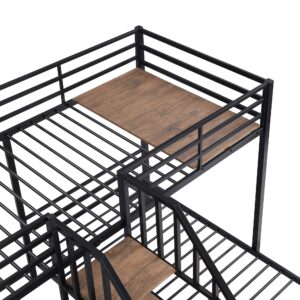 SOFTSEA L-Shaped Triple Bunk Bed for 3 Kids Twin Over Two Twin Metal Bunk Bed Frame with Storage Shelves Staircase, No Box Spring Needed