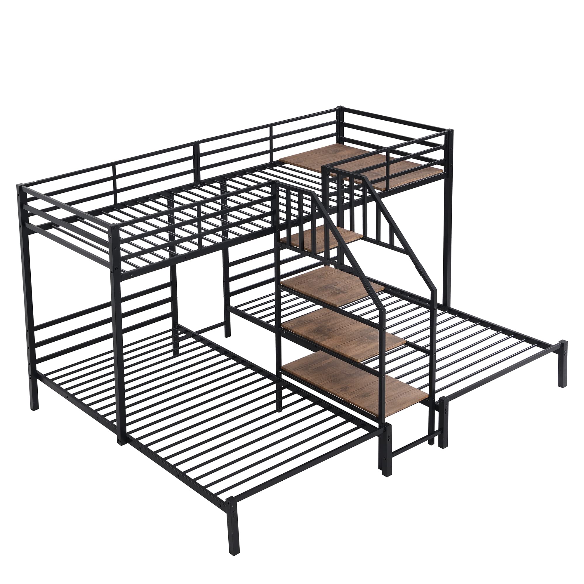 SOFTSEA L-Shaped Triple Bunk Bed for 3 Kids Twin Over Two Twin Metal Bunk Bed Frame with Storage Shelves Staircase, No Box Spring Needed