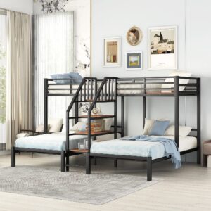 SOFTSEA L-Shaped Triple Bunk Bed for 3 Kids Twin Over Two Twin Metal Bunk Bed Frame with Storage Shelves Staircase, No Box Spring Needed