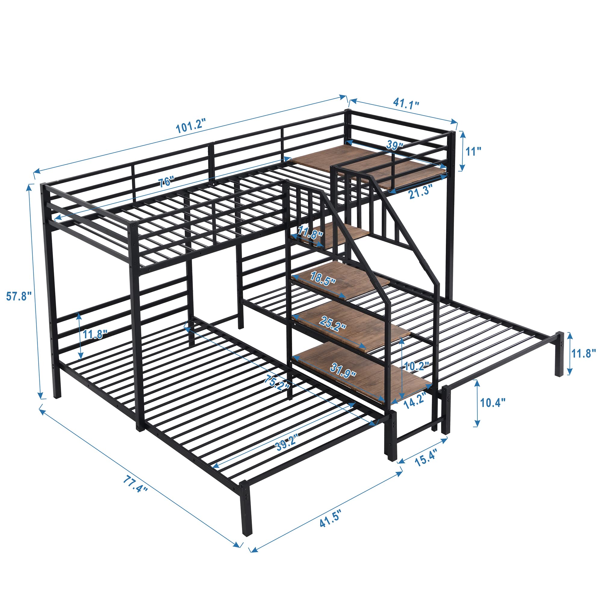 SOFTSEA L-Shaped Triple Bunk Bed for 3 Kids Twin Over Two Twin Metal Bunk Bed Frame with Storage Shelves Staircase, No Box Spring Needed