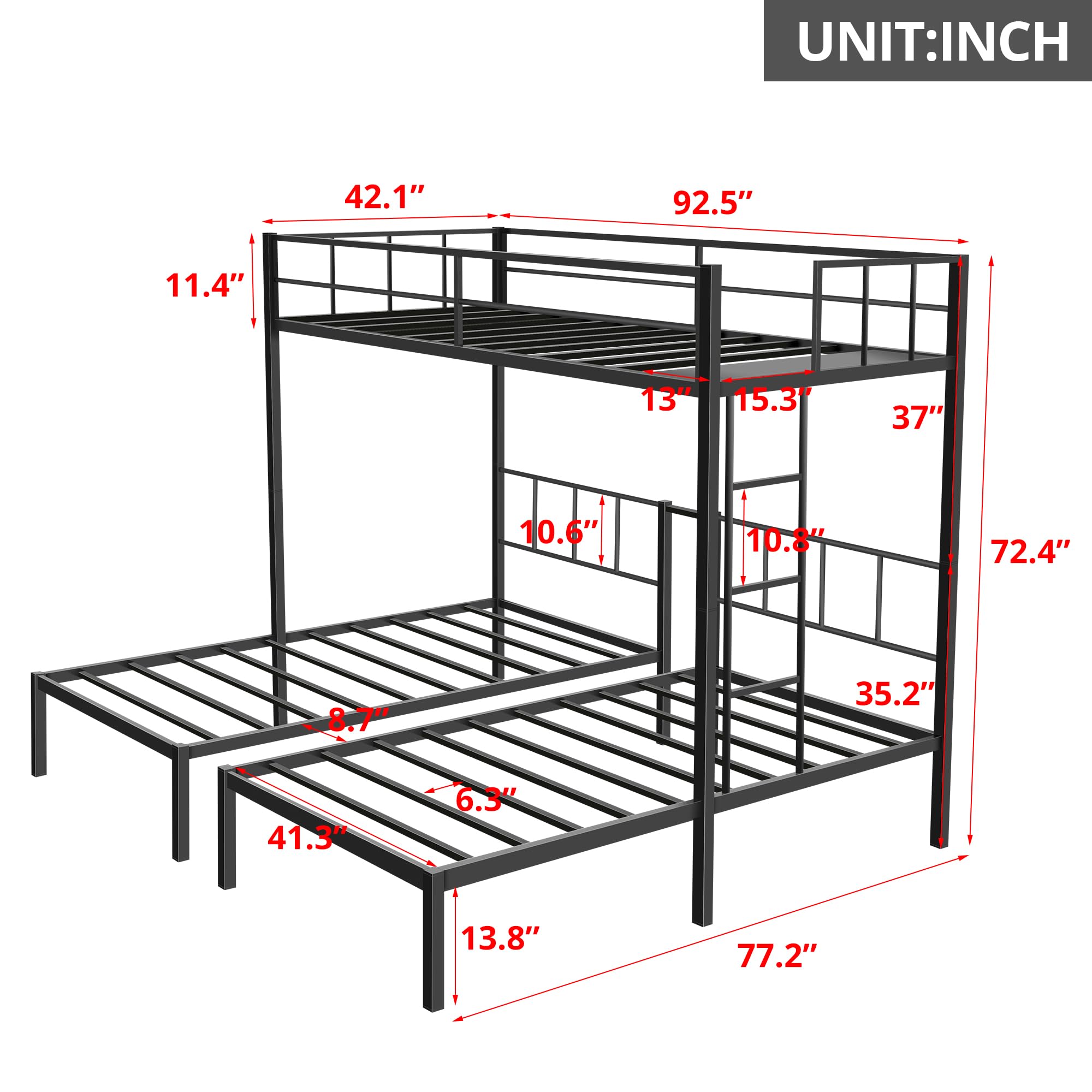 INCLAKE Triple Bunk Bed, Metal Twin Over Twin & Twin Bunk Beds for 3 with Guardrails, Ladder & Upper-Bed Platform, Detachable 3 Bunk Beds for Children, Teens, Adults, No Box Spring Needed, Black