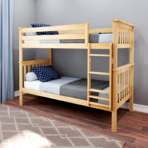 max & lily bunk bed twin over twin, solid wood bunk bed frame with ladder for kids, 14" safety guardrails, easy assembly, no box spring needed, natural