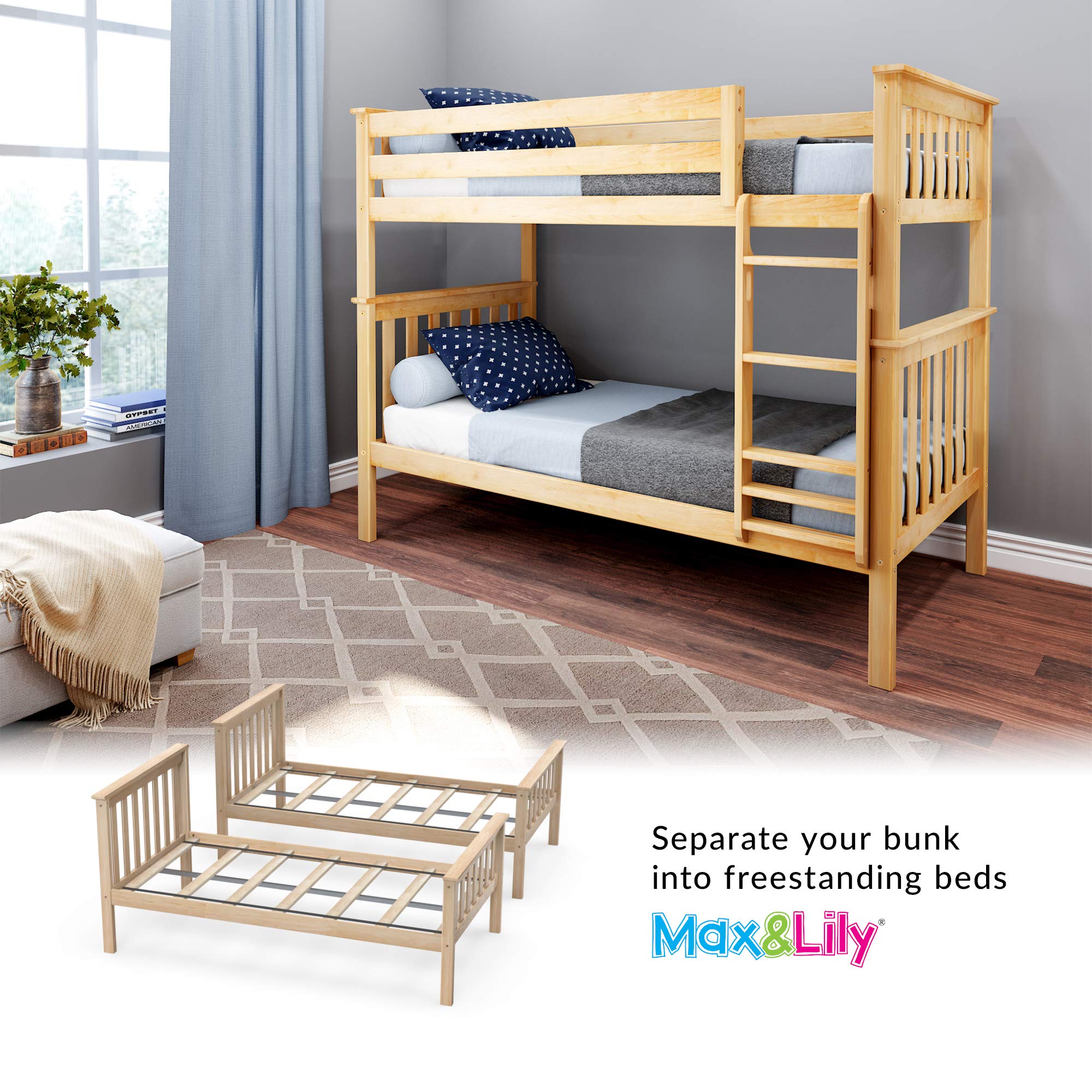 Max & Lily Bunk Bed Twin over Twin, Solid Wood Bunk Bed Frame with Ladder for Kids, 14" Safety Guardrails, Easy Assembly, No Box Spring Needed, Natural