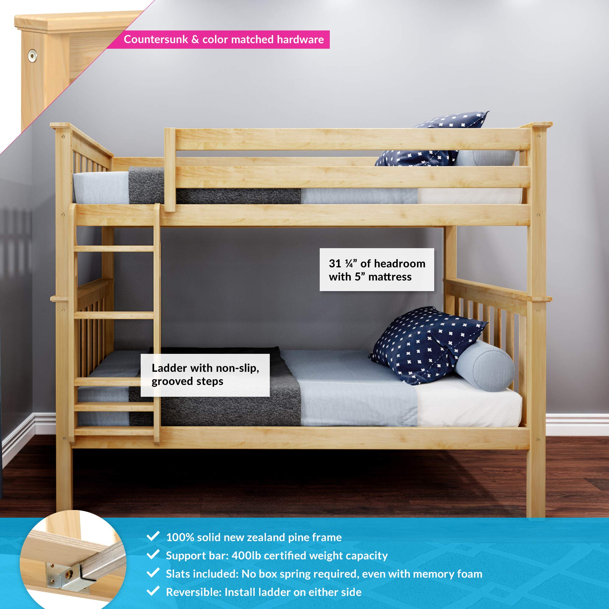 Max & Lily Bunk Bed Twin over Twin, Solid Wood Bunk Bed Frame with Ladder for Kids, 14" Safety Guardrails, Easy Assembly, No Box Spring Needed, Natural