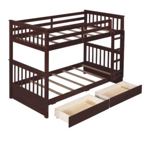 Merax Wood Bunk Bed with Drawers,Convertible Wood Bunk Bed with Ladders and Two Storage Drawers,Solid Wood Detachable Bunk Bed Frame with Ladders,Twin Over Twin Size,Espresso