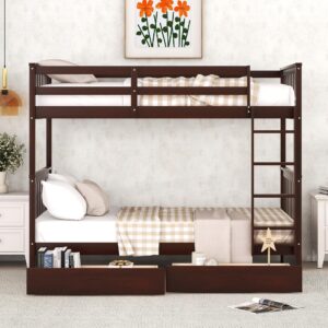 Merax Wood Bunk Bed with Drawers,Convertible Wood Bunk Bed with Ladders and Two Storage Drawers,Solid Wood Detachable Bunk Bed Frame with Ladders,Twin Over Twin Size,Espresso