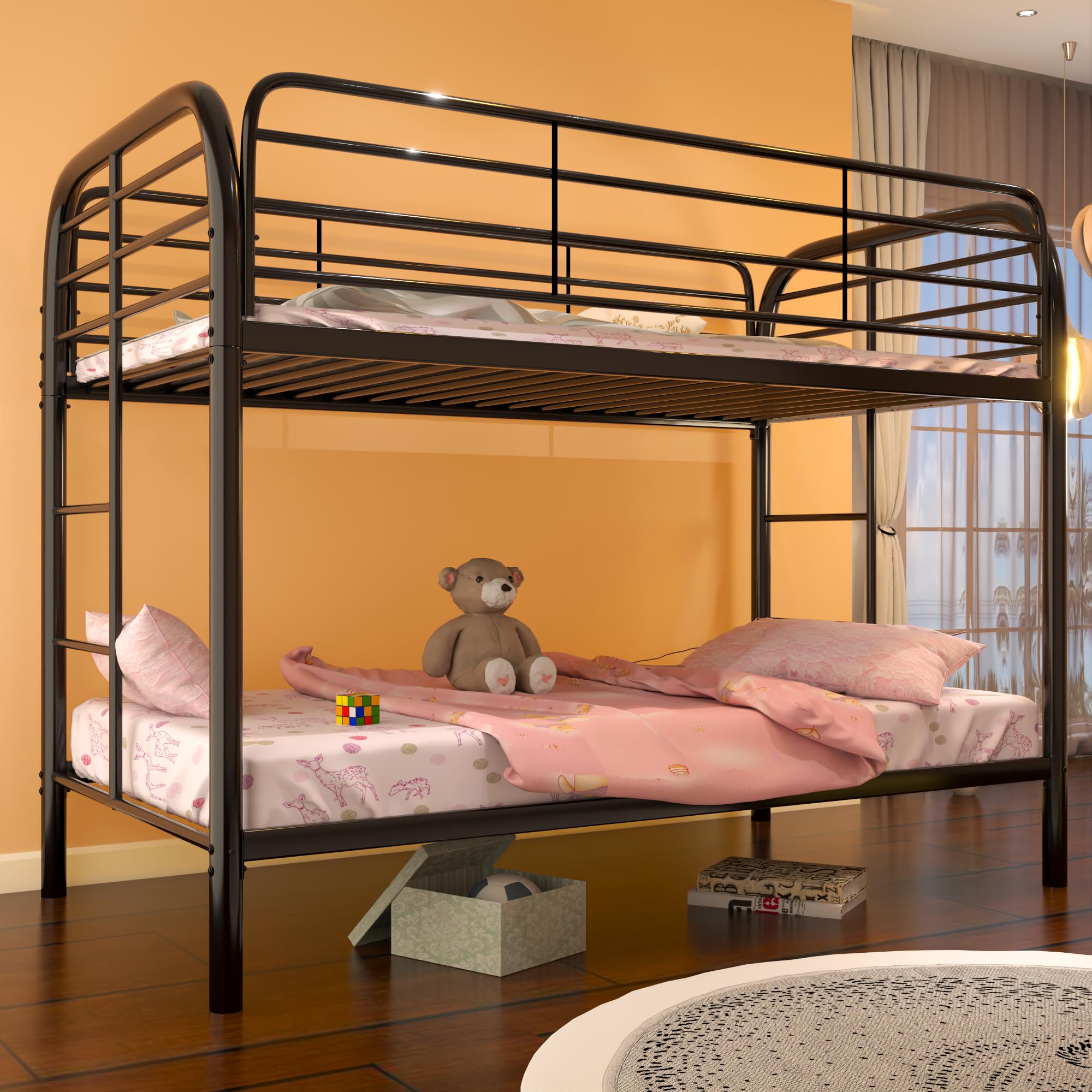 SUXXAN Twin-Over-Twin Bunk Bed with Safety Rail and Ladder,Sturdy Heavy Duty Metal Bunk Bed with Space-Saving Design,Teens & Adults/No Box Spring Needed