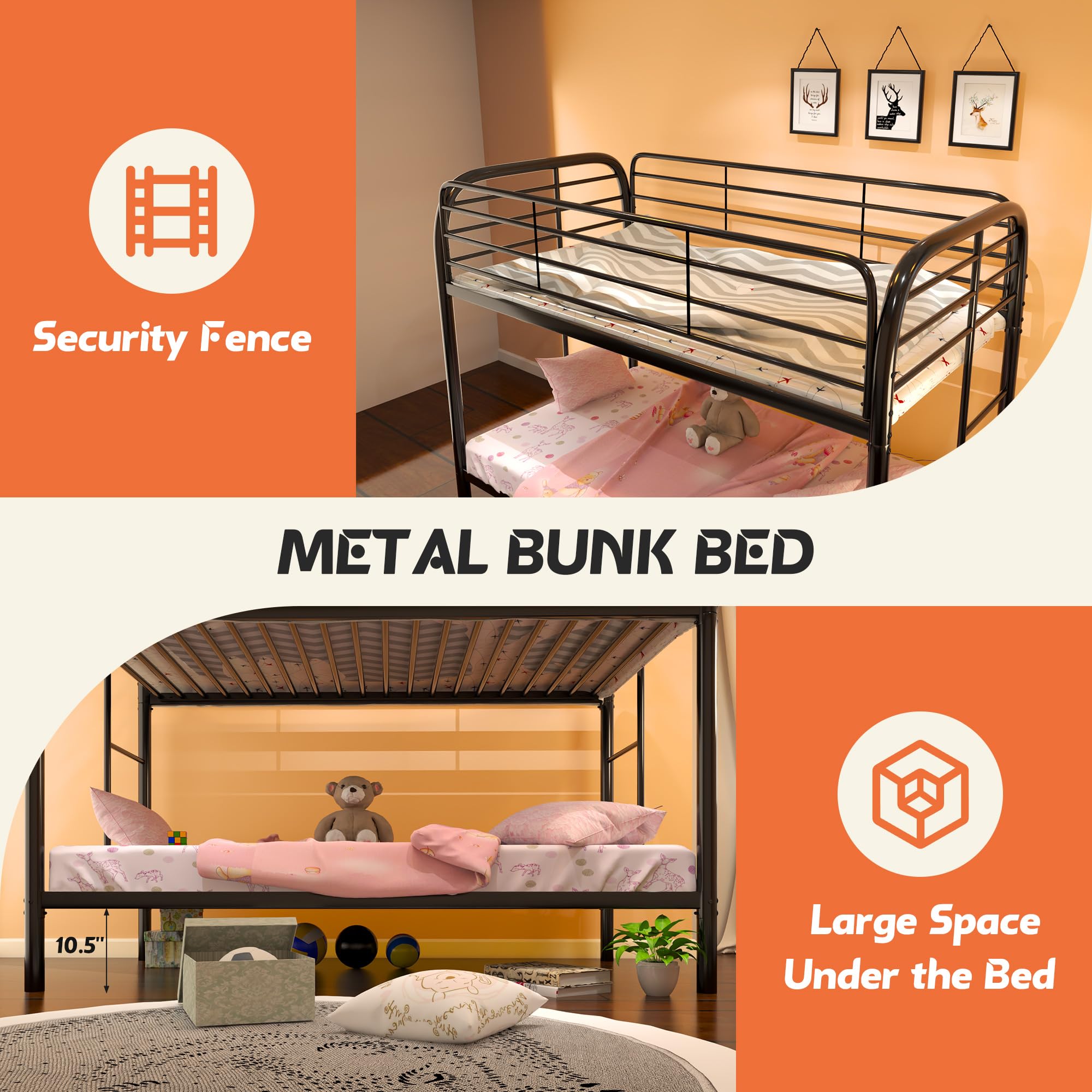 SUXXAN Twin-Over-Twin Bunk Bed with Safety Rail and Ladder,Sturdy Heavy Duty Metal Bunk Bed with Space-Saving Design,Teens & Adults/No Box Spring Needed