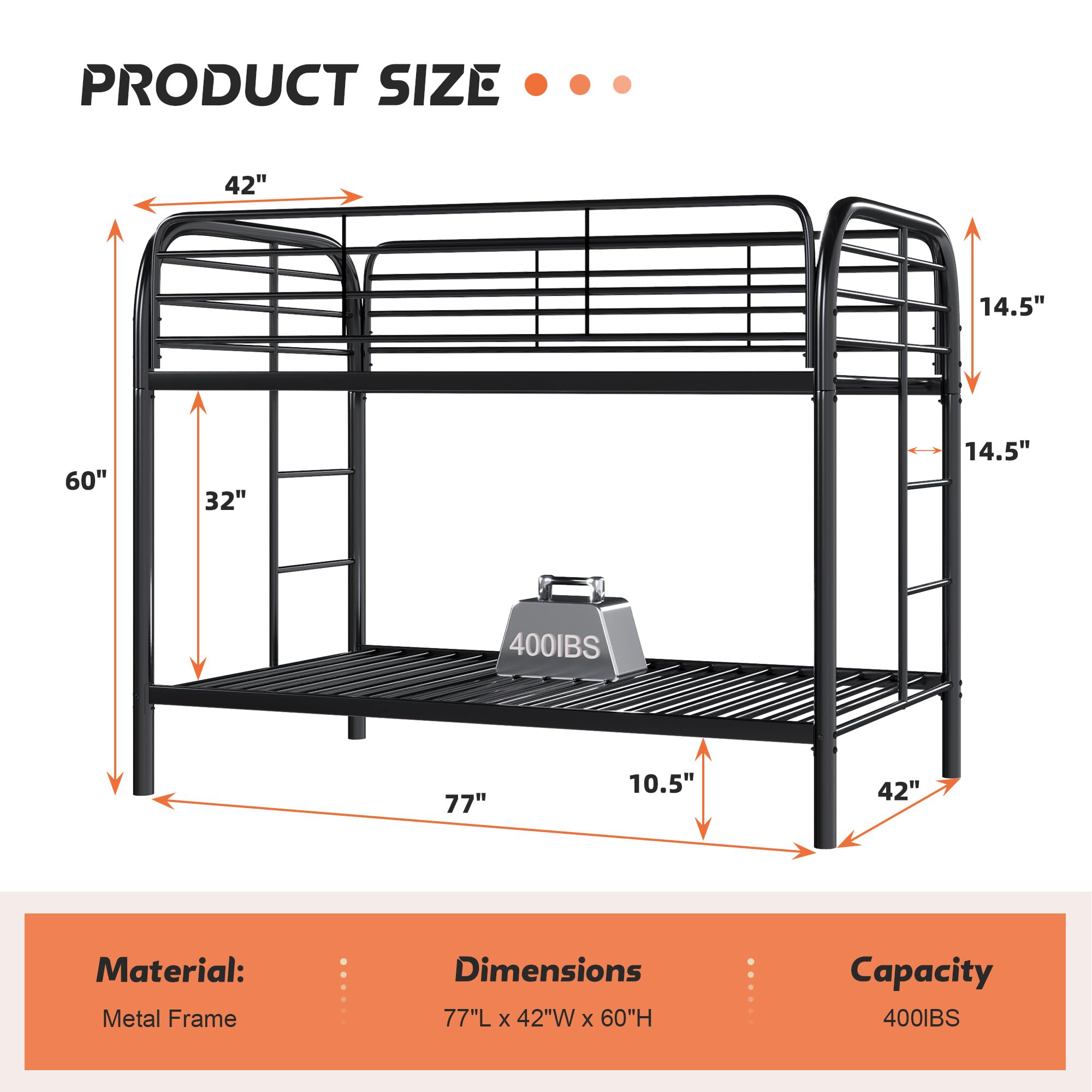 SUXXAN Twin-Over-Twin Bunk Bed with Safety Rail and Ladder,Sturdy Heavy Duty Metal Bunk Bed with Space-Saving Design,Teens & Adults/No Box Spring Needed