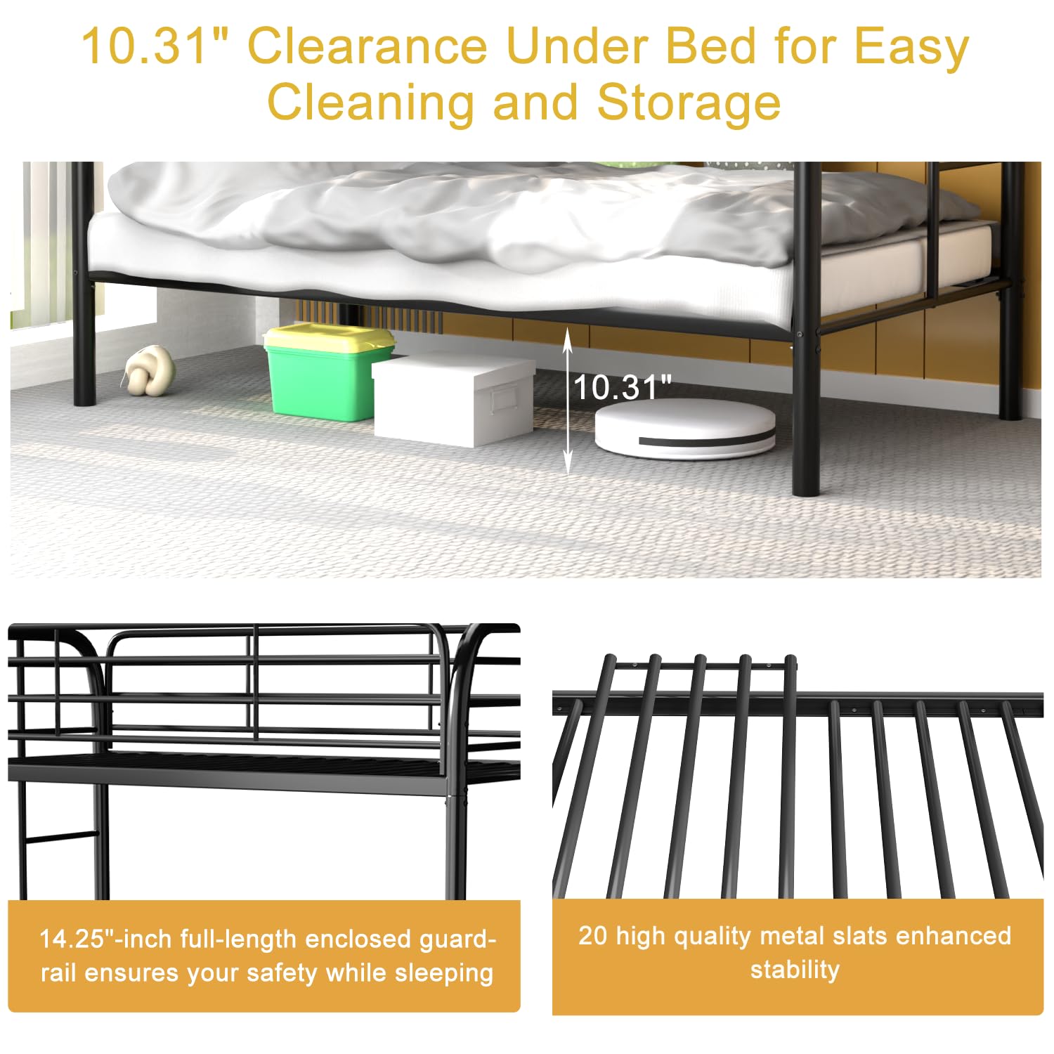 Aobabo Metal Bunk Bed Twin Over Twin Size, Heavy Duty Bed with Safety Guard Rails and Space-Saving Design, Steel Bed for School, Bedroom, Assembly Required, Black