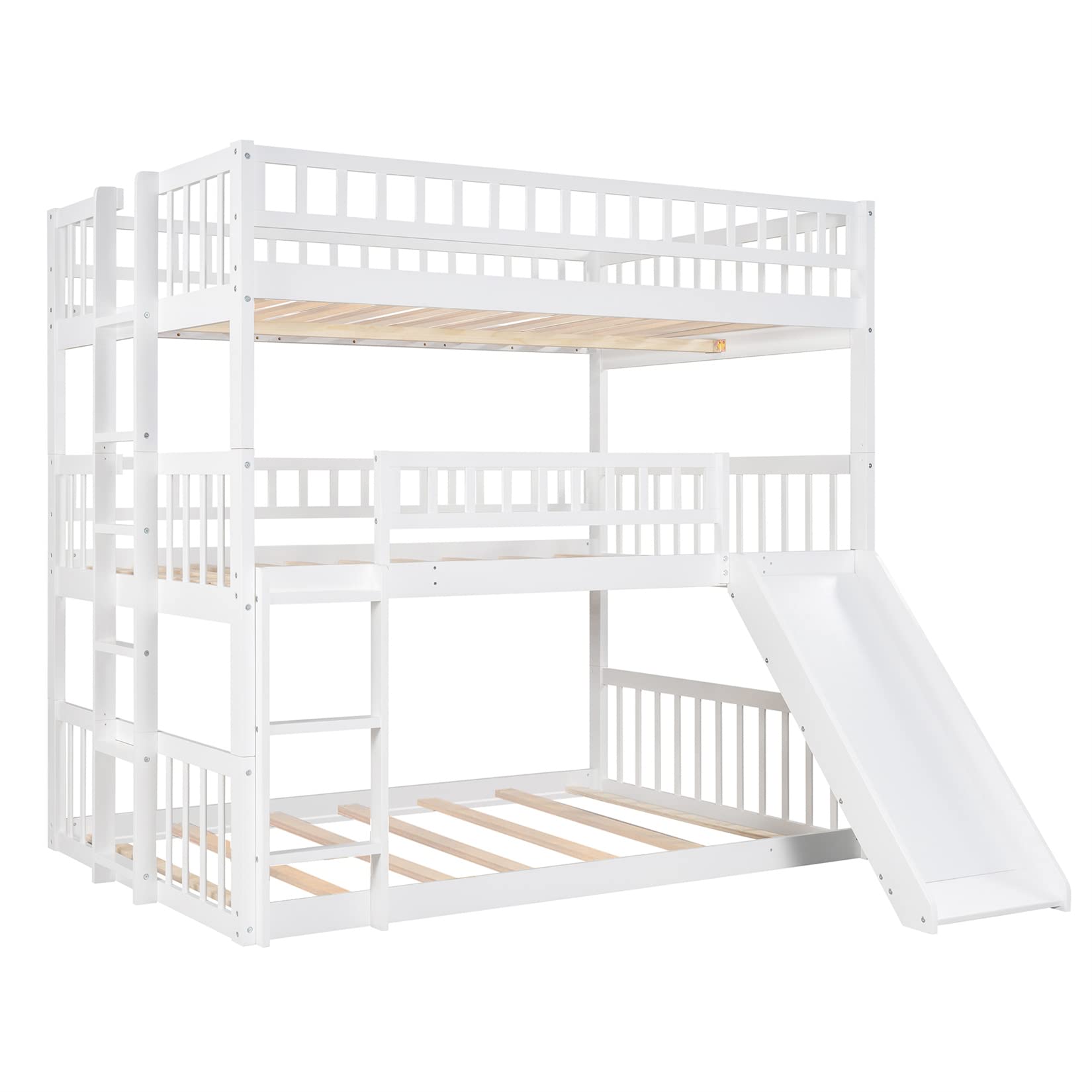 Triple Bunk Bed with Slide, Full Over Full Over Full Bunk Bed Convertible Triple Beds for Kids/Teens/Adults, White