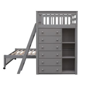 Harper & Bright Designs Twin Over Full Bunk Bed with 6 Storage Drawers and 3 Shelves, Wood Twin Loft Bed with Movable Lower Bed, No Box Spring Needed(Gray, Bottom Bed with Wheels)