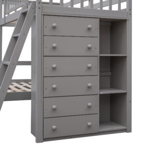 Harper & Bright Designs Twin Over Full Bunk Bed with 6 Storage Drawers and 3 Shelves, Wood Twin Loft Bed with Movable Lower Bed, No Box Spring Needed(Gray, Bottom Bed with Wheels)