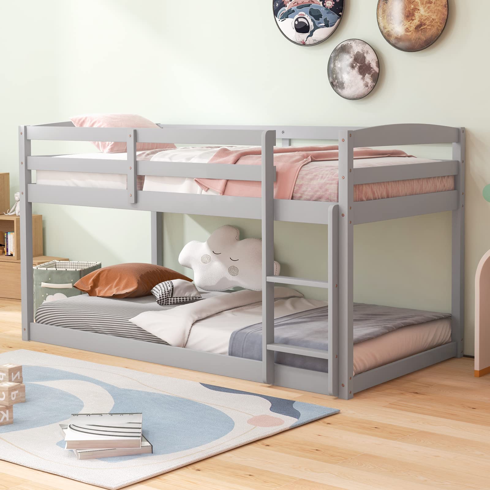 Giantex Twin Low Bunk Bed, Solid Wood Twin Over Twin Bunk Bed Frame with Full Guardrails & Integrated Ladder, Floor Twin Bunk Beds for Kids Boys and Girls, No Box Spring Needed, Grey