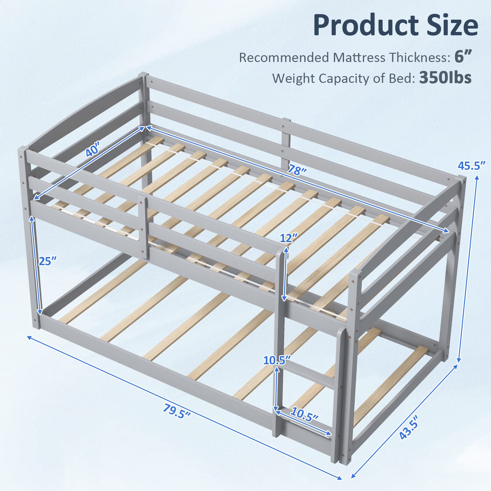 Giantex Twin Low Bunk Bed, Solid Wood Twin Over Twin Bunk Bed Frame with Full Guardrails & Integrated Ladder, Floor Twin Bunk Beds for Kids Boys and Girls, No Box Spring Needed, Grey