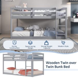 Giantex Twin Low Bunk Bed, Solid Wood Twin Over Twin Bunk Bed Frame with Full Guardrails & Integrated Ladder, Floor Twin Bunk Beds for Kids Boys and Girls, No Box Spring Needed, Grey