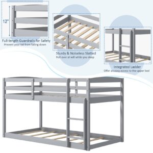 Giantex Twin Low Bunk Bed, Solid Wood Twin Over Twin Bunk Bed Frame with Full Guardrails & Integrated Ladder, Floor Twin Bunk Beds for Kids Boys and Girls, No Box Spring Needed, Grey