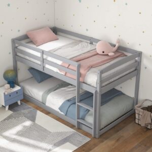 Giantex Twin Low Bunk Bed, Solid Wood Twin Over Twin Bunk Bed Frame with Full Guardrails & Integrated Ladder, Floor Twin Bunk Beds for Kids Boys and Girls, No Box Spring Needed, Grey