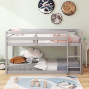 Giantex Twin Low Bunk Bed, Solid Wood Twin Over Twin Bunk Bed Frame with Full Guardrails & Integrated Ladder, Floor Twin Bunk Beds for Kids Boys and Girls, No Box Spring Needed, Grey