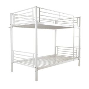 karl home bunk bed twin over twin, metal bunk bed with built-in ladder and safety guardrail, space-saving twin bunk beds for kids, teens & adults, no box spring needed, white