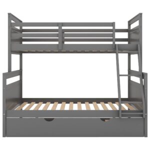 Twin Over Full Bunk Bed with Trundle Bed, Wood Bunk Bed Twin Over Full with Safety Guardrail and Ladder, Convertible to 3 Separated Beds, Perfect for Kids, Adults, Teens Bedroom Furniture (Grey)