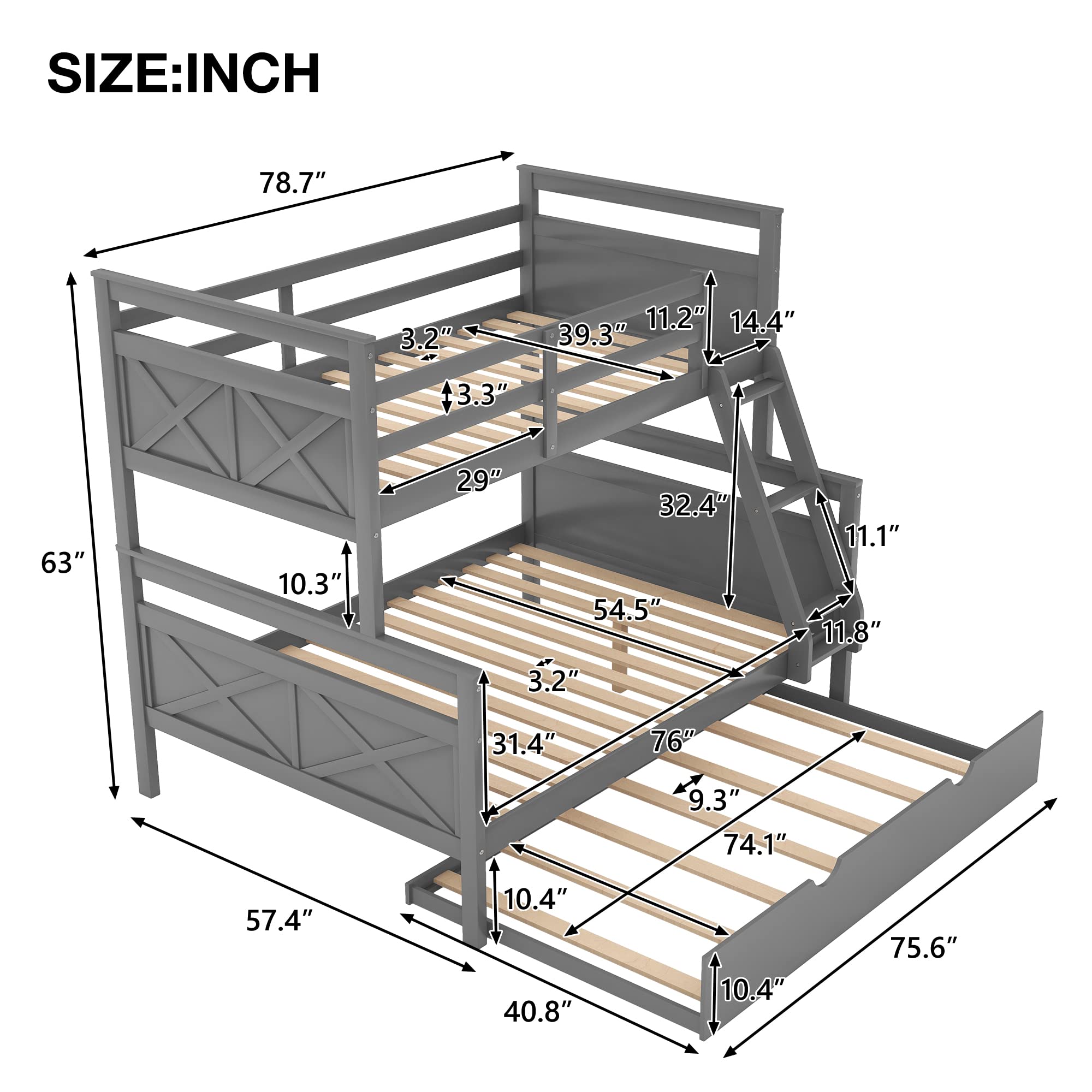 Twin Over Full Bunk Bed with Trundle Bed, Wood Bunk Bed Twin Over Full with Safety Guardrail and Ladder, Convertible to 3 Separated Beds, Perfect for Kids, Adults, Teens Bedroom Furniture (Grey)