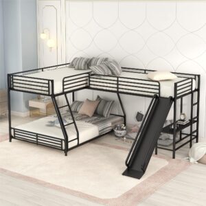 bellemave l shaped bunk bed for 3, twin over full metal bunk bed frame with size loft bed, built-in desk and slide, for kids girls boys (black)