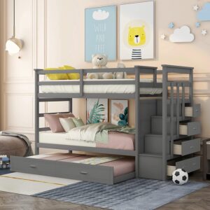 twin over twin bunk bed with twin size trundle, solid wood bunk beds with 4 storage drawers, staircase and safety guard rail, no box spring needed (gray)