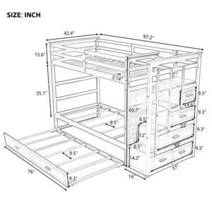 Twin Over Twin Bunk Bed with Twin Size Trundle, Solid Wood Bunk Beds with 4 Storage Drawers, Staircase and Safety Guard Rail, No Box Spring Needed (Gray)