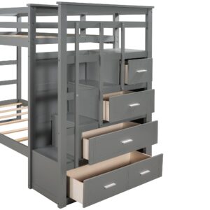 Twin Over Twin Bunk Bed with Twin Size Trundle, Solid Wood Bunk Beds with 4 Storage Drawers, Staircase and Safety Guard Rail, No Box Spring Needed (Gray)