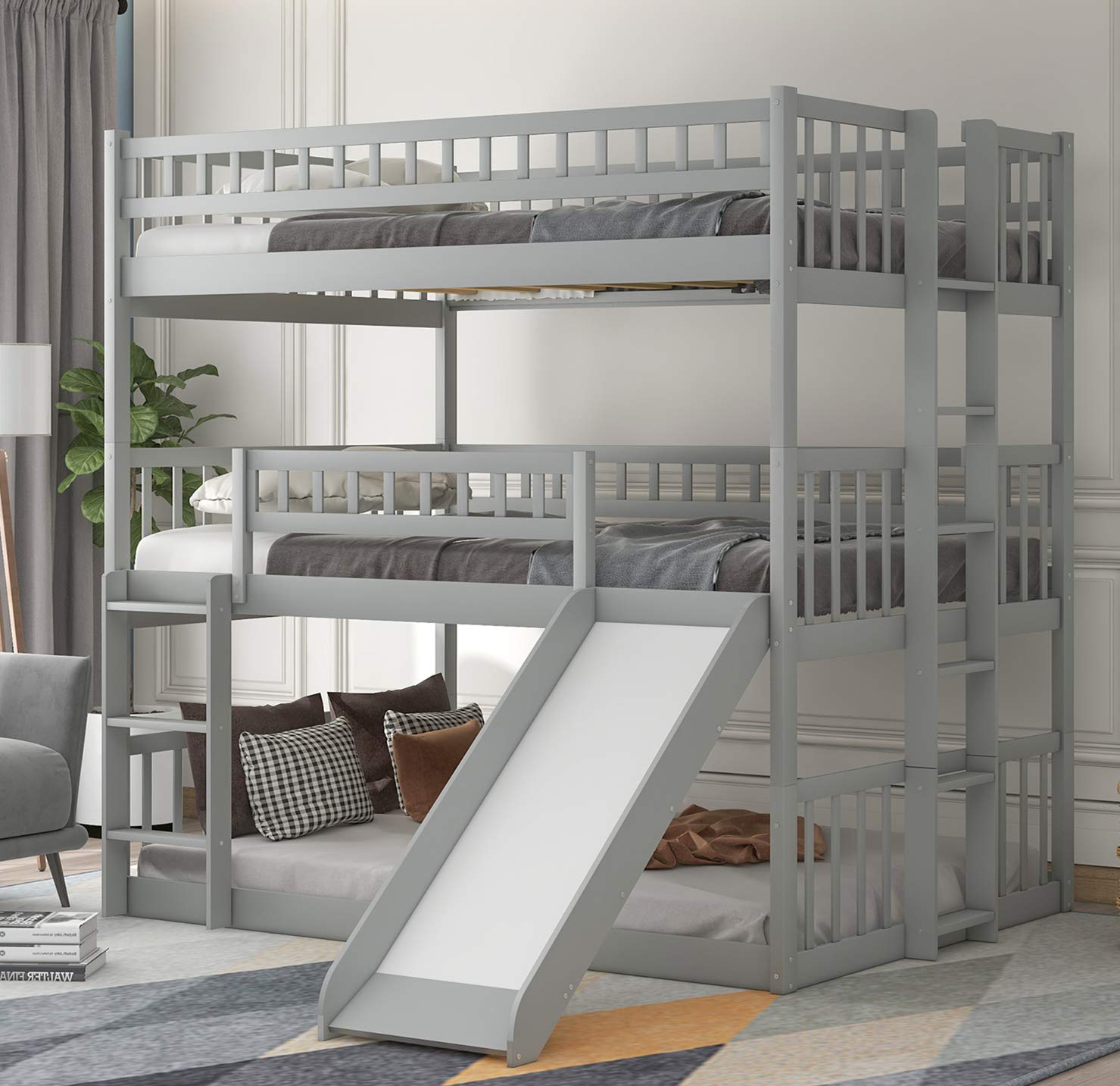 Harper & Bright Designs Triple Bunk Beds with Slide ，Wooden Bunk beds Full Over Full Over Full ，Floor Triple Bunk Bed with Ladder & Guardrails for Kids/Teens/Adults,Can be Convertible to 3 Beds,Gray