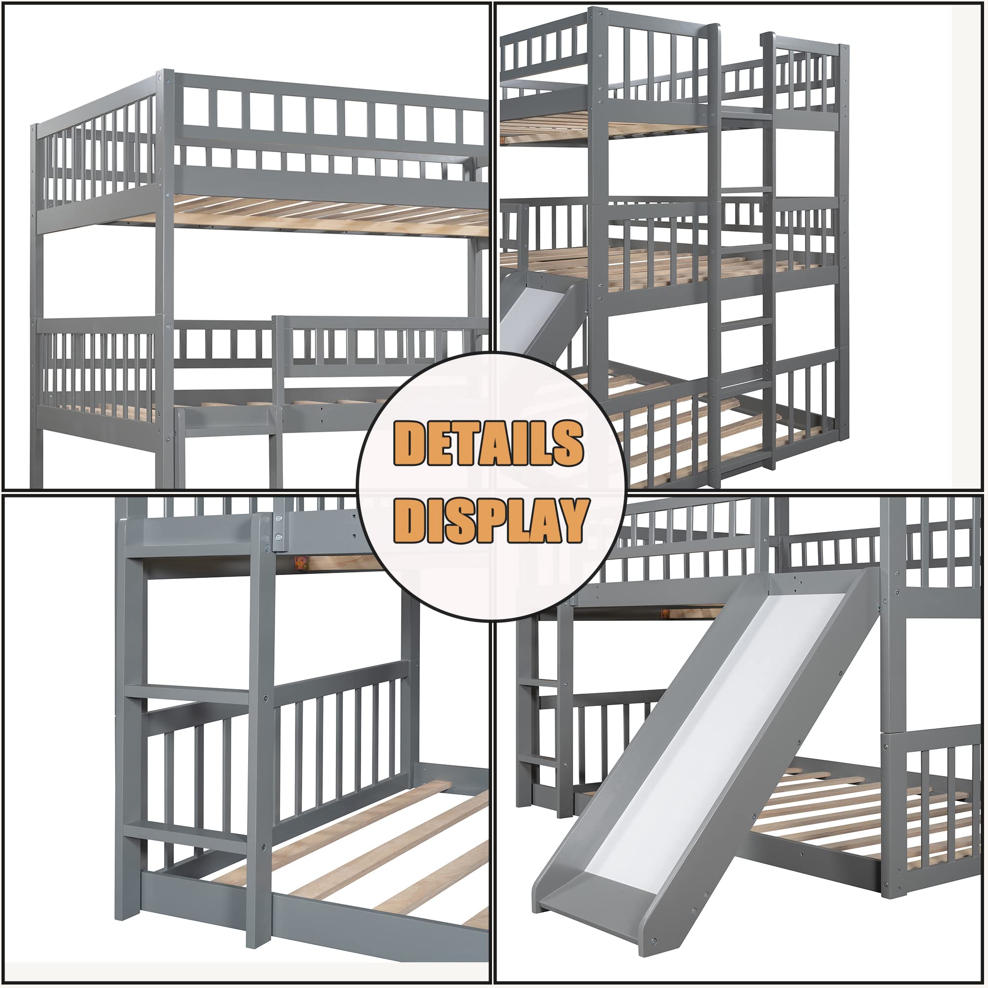 Harper & Bright Designs Triple Bunk Beds with Slide ，Wooden Bunk beds Full Over Full Over Full ，Floor Triple Bunk Bed with Ladder & Guardrails for Kids/Teens/Adults,Can be Convertible to 3 Beds,Gray