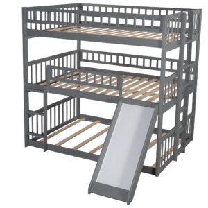 Harper & Bright Designs Triple Bunk Beds with Slide ，Wooden Bunk beds Full Over Full Over Full ，Floor Triple Bunk Bed with Ladder & Guardrails for Kids/Teens/Adults,Can be Convertible to 3 Beds,Gray