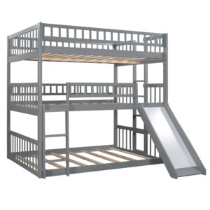 Harper & Bright Designs Triple Bunk Beds with Slide ，Wooden Bunk beds Full Over Full Over Full ，Floor Triple Bunk Bed with Ladder & Guardrails for Kids/Teens/Adults,Can be Convertible to 3 Beds,Gray