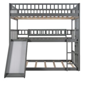 Harper & Bright Designs Triple Bunk Beds with Slide ，Wooden Bunk beds Full Over Full Over Full ，Floor Triple Bunk Bed with Ladder & Guardrails for Kids/Teens/Adults,Can be Convertible to 3 Beds,Gray