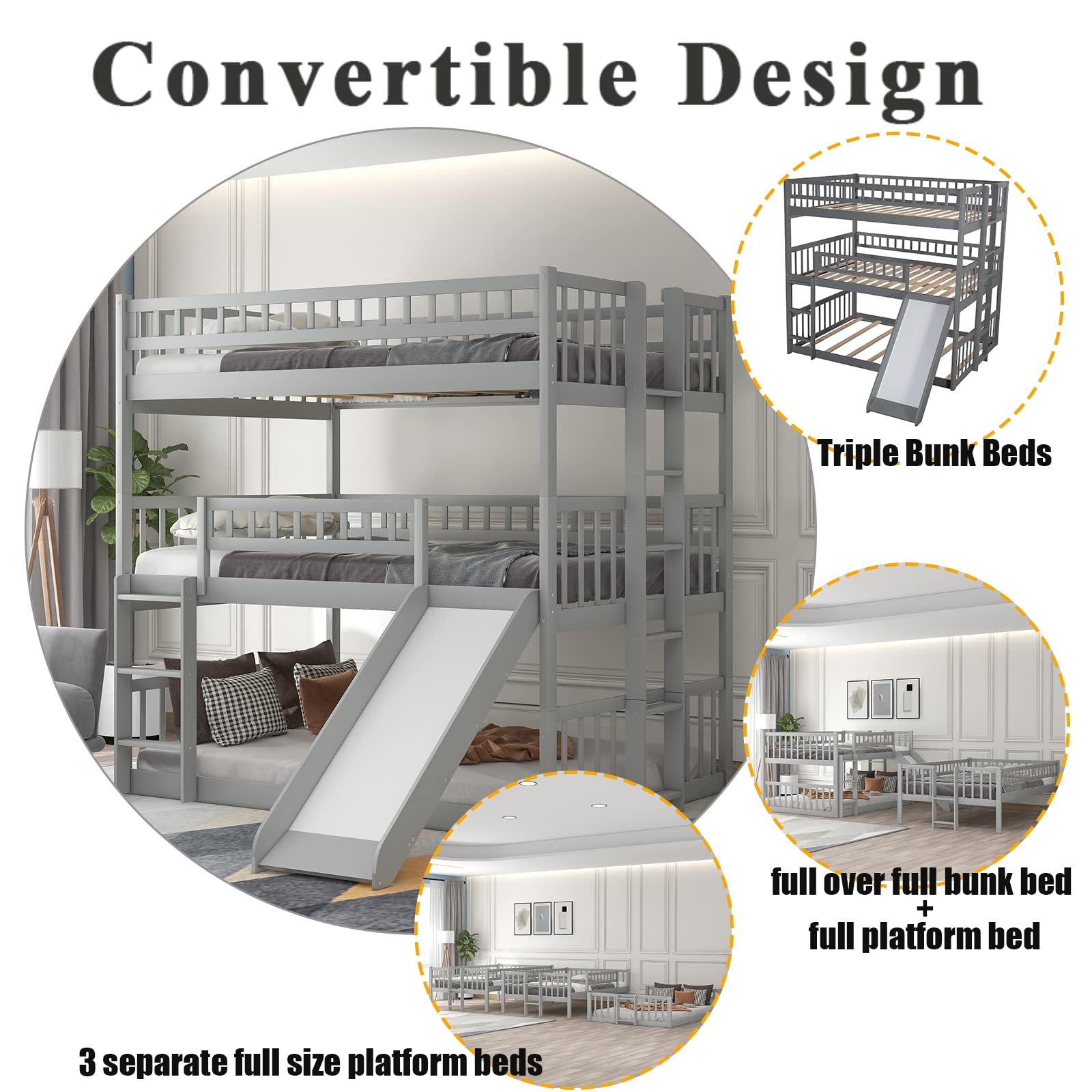 Harper & Bright Designs Triple Bunk Beds with Slide ，Wooden Bunk beds Full Over Full Over Full ，Floor Triple Bunk Bed with Ladder & Guardrails for Kids/Teens/Adults,Can be Convertible to 3 Beds,Gray