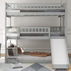 Harper & Bright Designs Triple Bunk Beds with Slide ，Wooden Bunk beds Full Over Full Over Full ，Floor Triple Bunk Bed with Ladder & Guardrails for Kids/Teens/Adults,Can be Convertible to 3 Beds,Gray