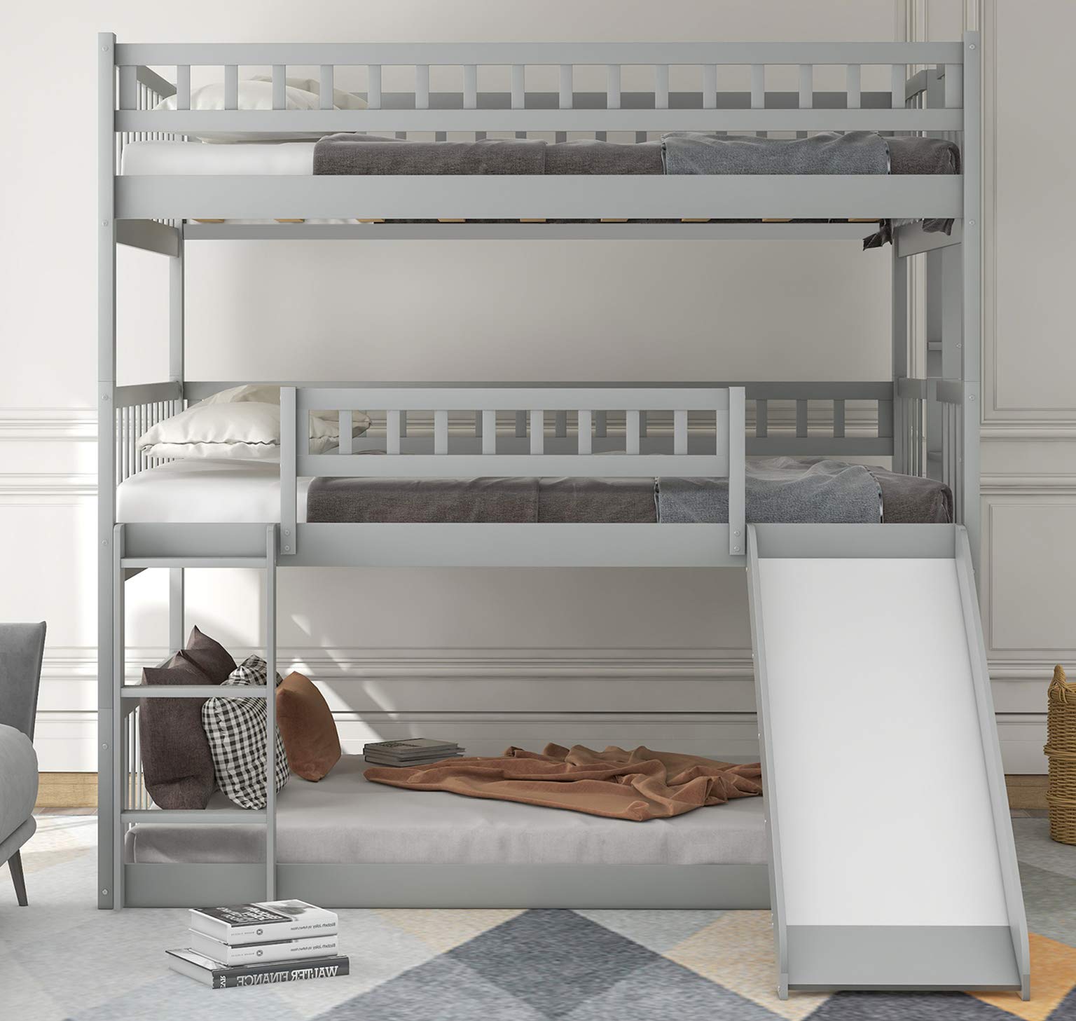 Harper & Bright Designs Triple Bunk Beds with Slide ，Wooden Bunk beds Full Over Full Over Full ，Floor Triple Bunk Bed with Ladder & Guardrails for Kids/Teens/Adults,Can be Convertible to 3 Beds,Gray