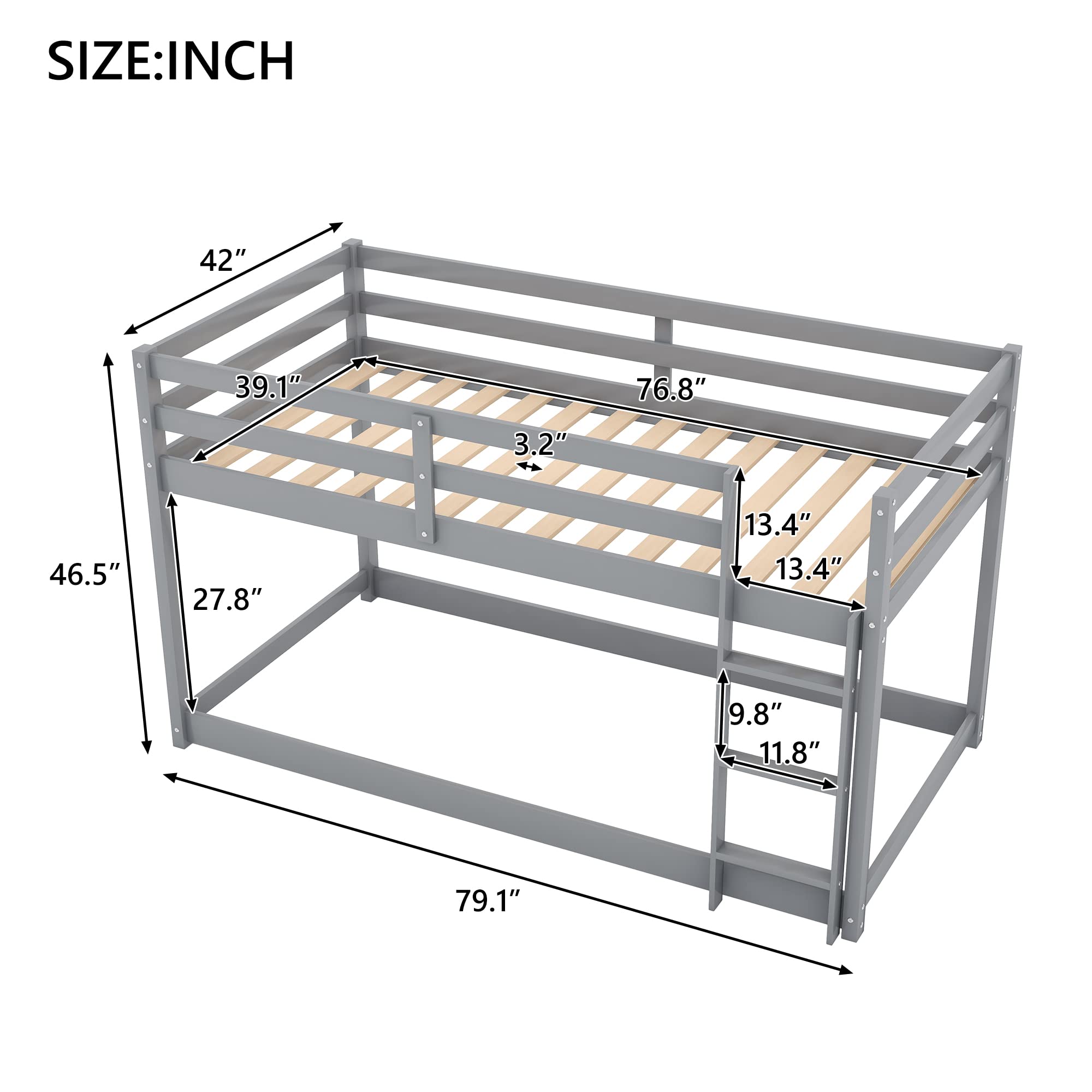 Harper & Bright Designs Low Bunk Bed Twin Over Twin, Wood Twin Bunk Bed Frame with Ladder and Guardrails, Kids Low Bunk Beds for Kids, Toddlers, Teens No Box Spring Needed (Gray)