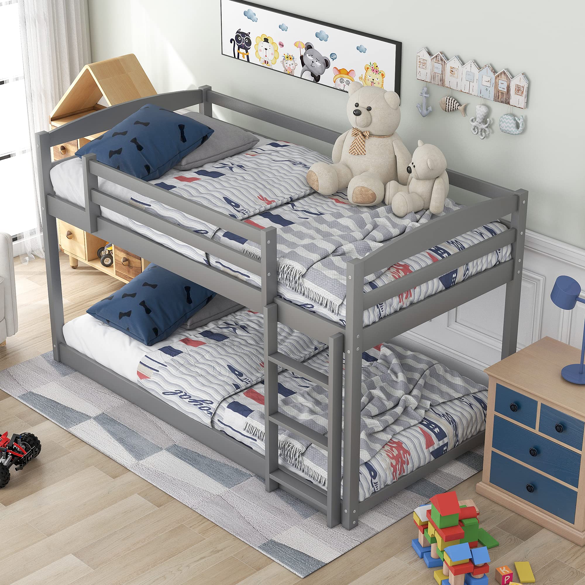 Harper & Bright Designs Low Bunk Bed Twin Over Twin, Wood Twin Bunk Bed Frame with Ladder and Guardrails, Kids Low Bunk Beds for Kids, Toddlers, Teens No Box Spring Needed (Gray)