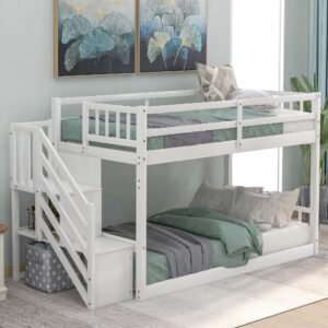 SOFTSEA Twin Over Twin Low Bunk Bed with Stairs Solid Wood Floor Bunk Beds for Boys and Girls Floor Bunk Bed No Box Spring Required (White)